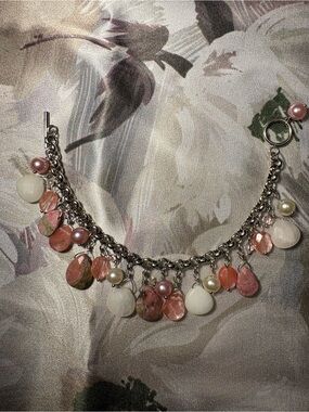 Pink and White Stone Beaded Sterling Silver Charm Bracelet